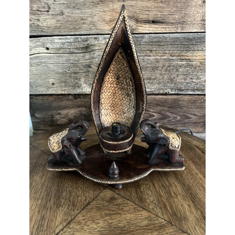Two Elephant Wooden Table Lamp Light. Click Switch. Beautiful Decor.
